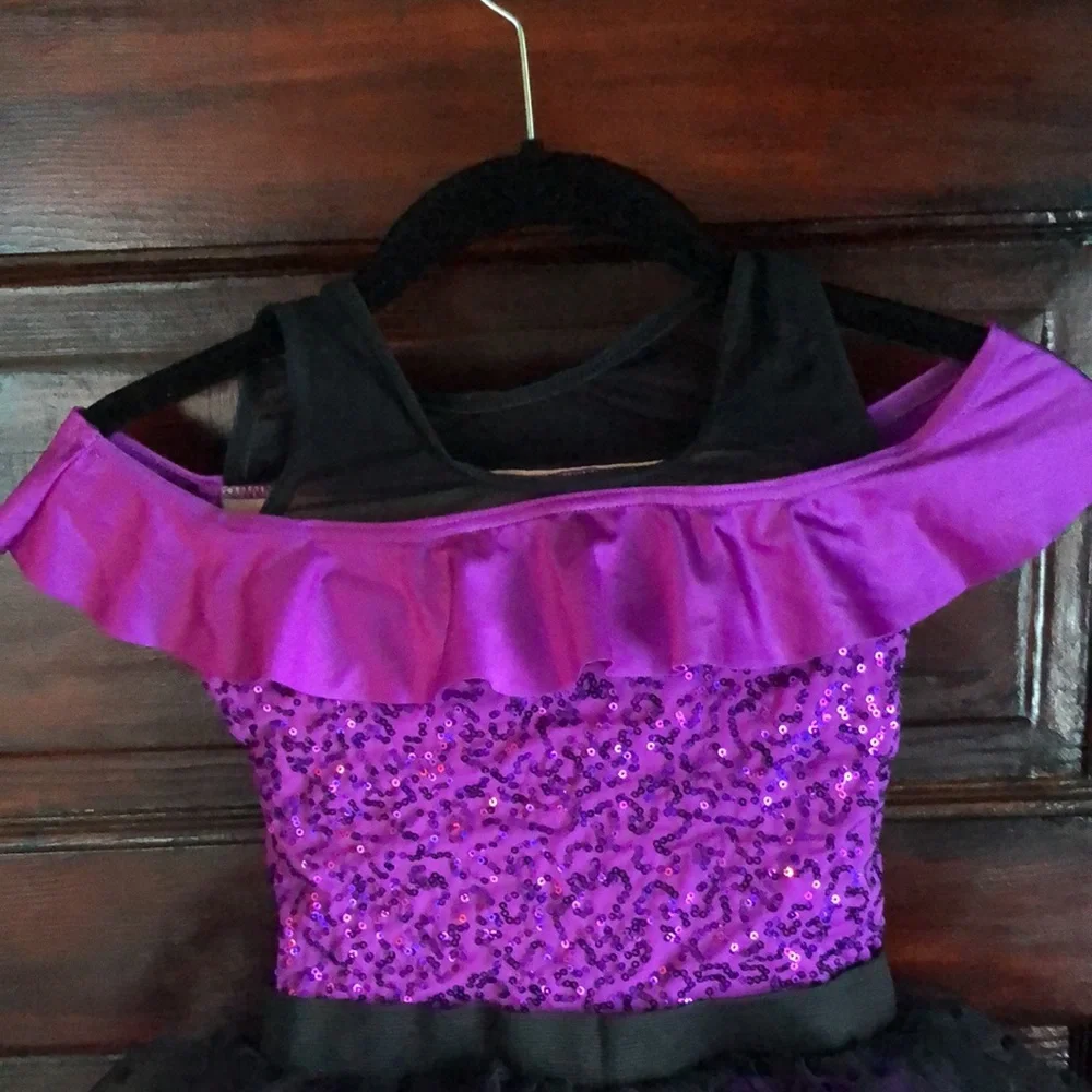 Weissman IC #10908 purple and black faux off shoulder/ ruffle on shoulder&skirt